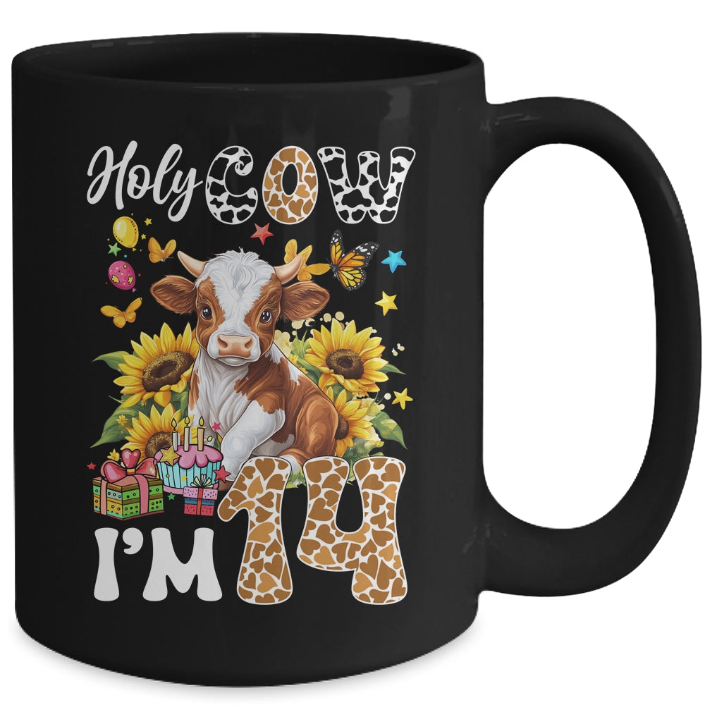 Holy Cow I'm 14 Years Old Farm Cow Sunflowers 14th Birthday Mug | siriusteestore