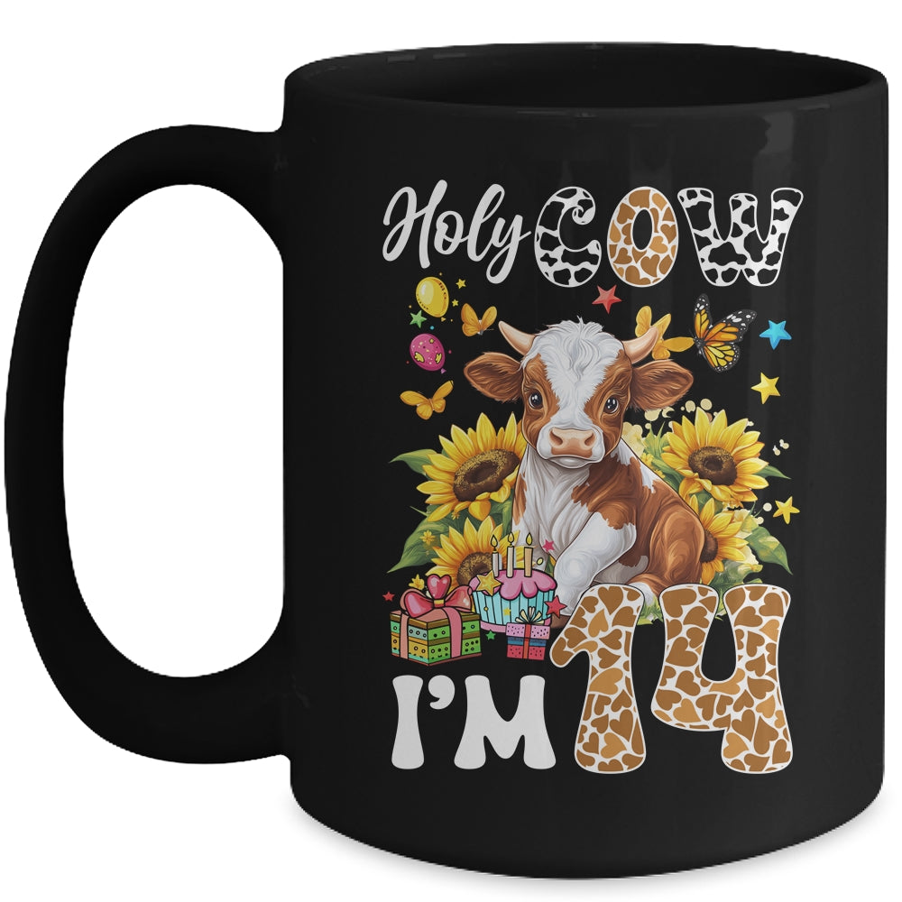 Holy Cow I'm 14 Years Old Farm Cow Sunflowers 14th Birthday Mug | siriusteestore