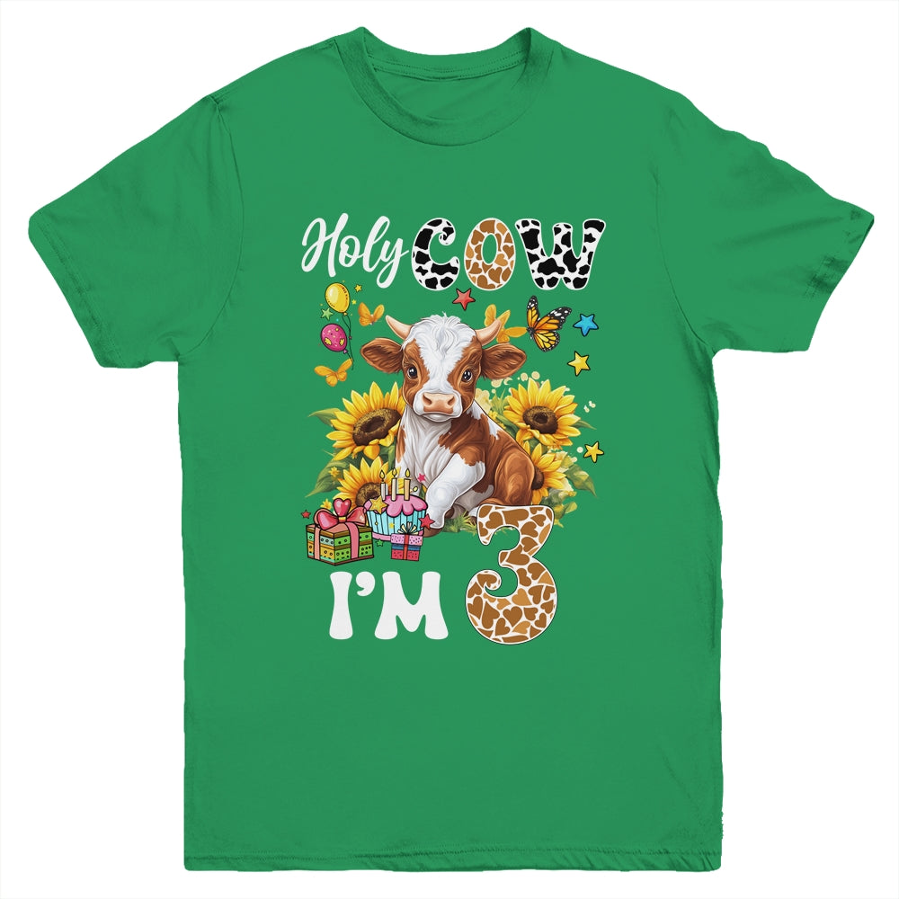 Holy Cow I'm 3 Years Old Farm Cow Sunflowers 3rd Birthday Youth Shirt | siriusteestore
