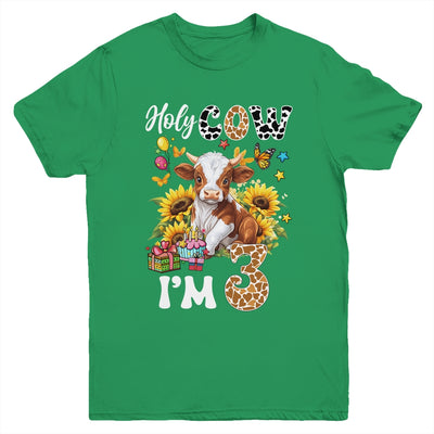 Holy Cow I'm 3 Years Old Farm Cow Sunflowers 3rd Birthday Youth Shirt | siriusteestore