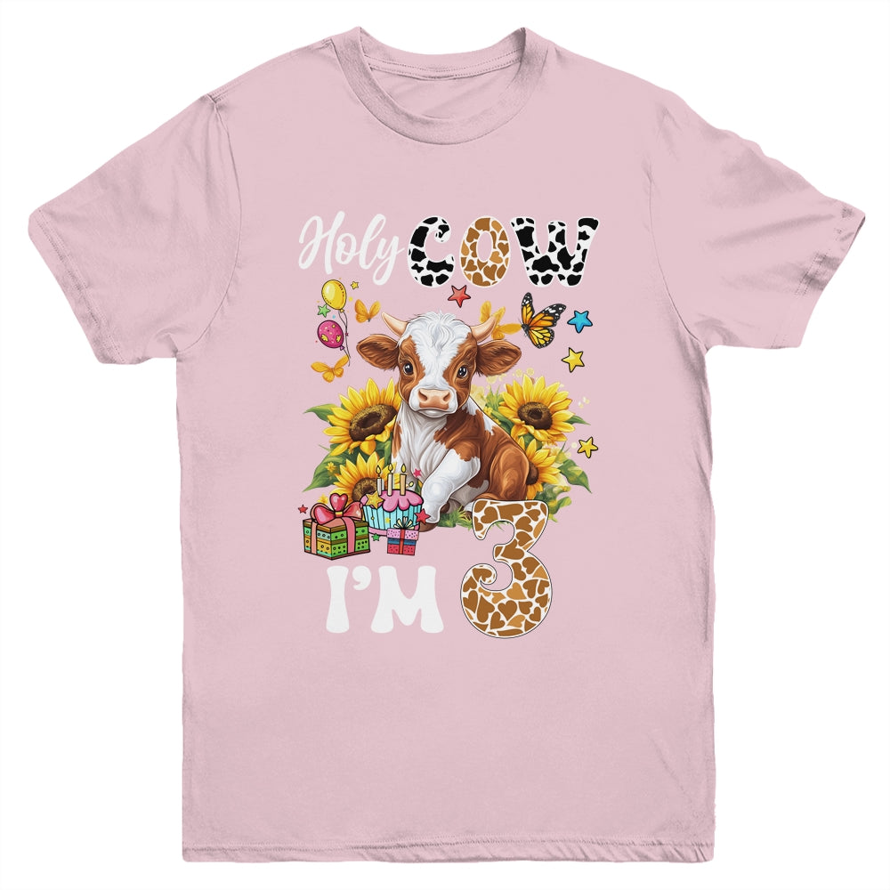 Holy Cow I'm 3 Years Old Farm Cow Sunflowers 3rd Birthday Youth Shirt | siriusteestore