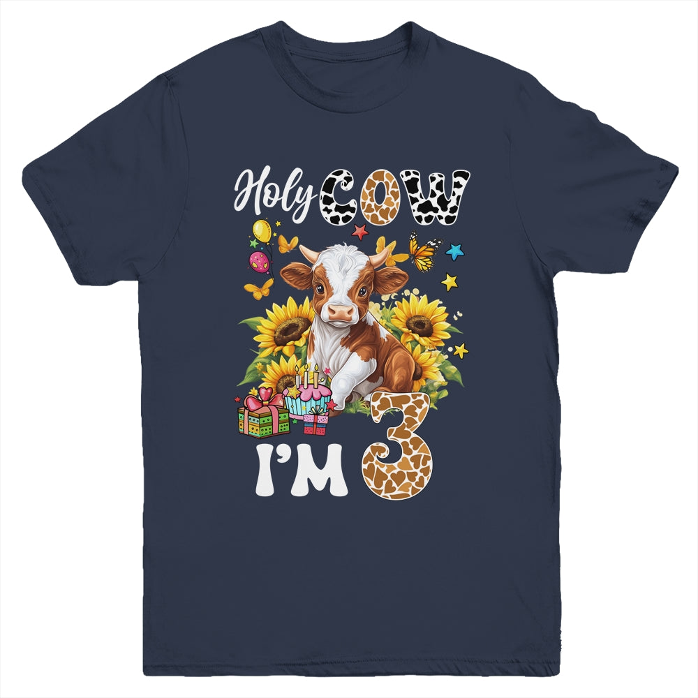 Holy Cow I'm 3 Years Old Farm Cow Sunflowers 3rd Birthday Youth Shirt | siriusteestore