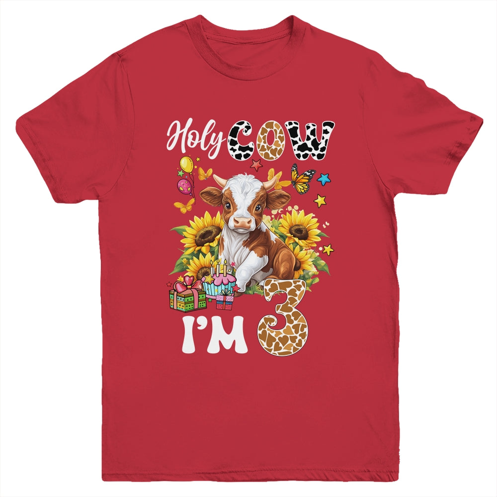 Holy Cow I'm 3 Years Old Farm Cow Sunflowers 3rd Birthday Youth Shirt | siriusteestore