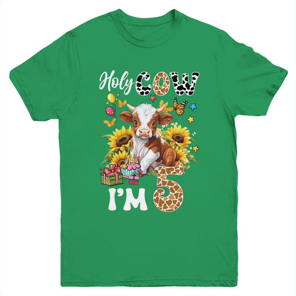 Holy Cow I'm 5 Years Old Farm Cow Sunflowers 5th Birthday Youth Shirt | siriusteestore