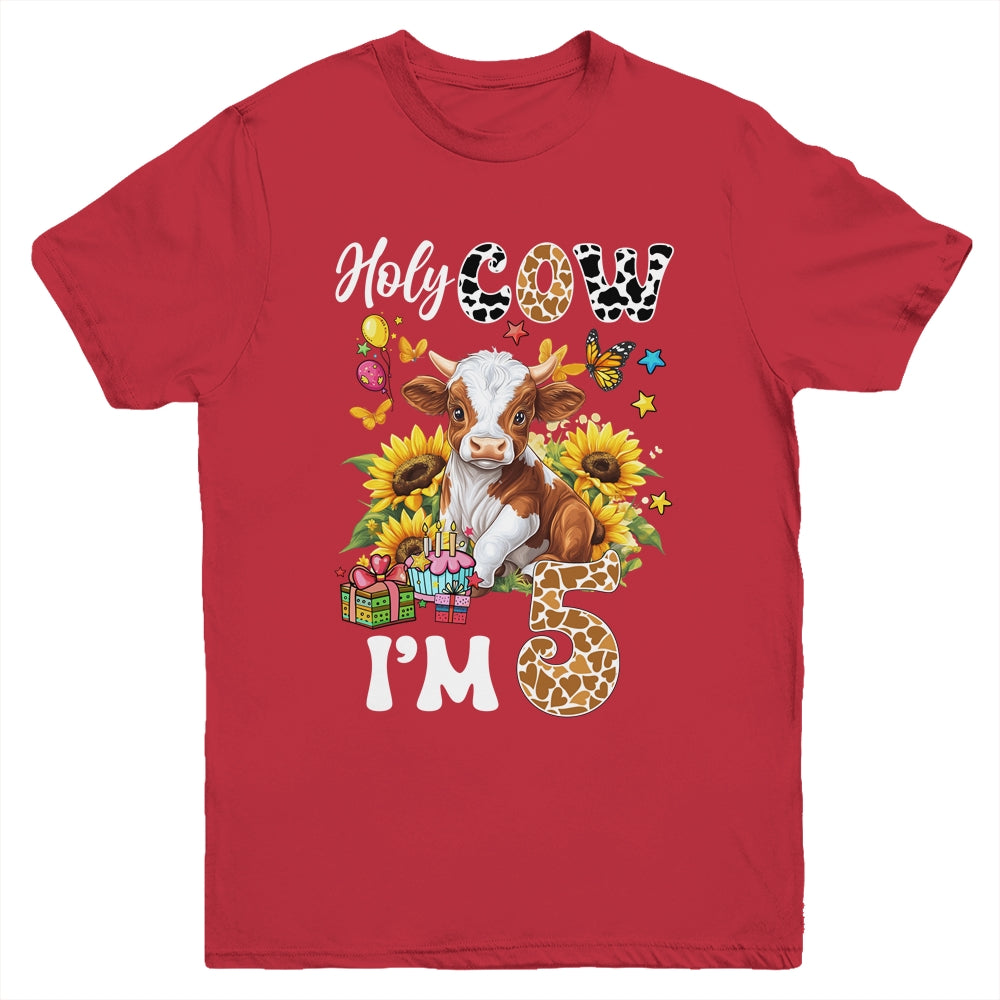 Holy Cow I'm 5 Years Old Farm Cow Sunflowers 5th Birthday Youth Shirt | siriusteestore