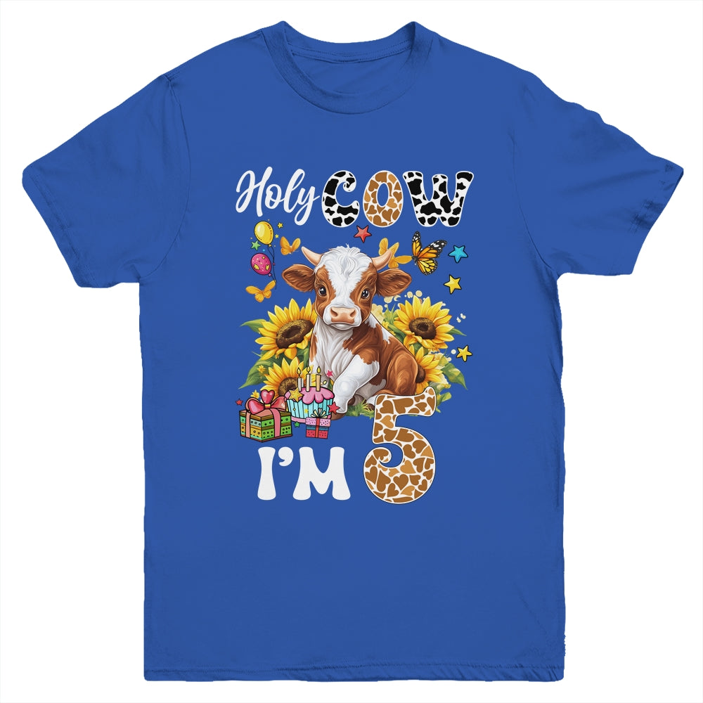 Holy Cow I'm 5 Years Old Farm Cow Sunflowers 5th Birthday Youth Shirt | siriusteestore