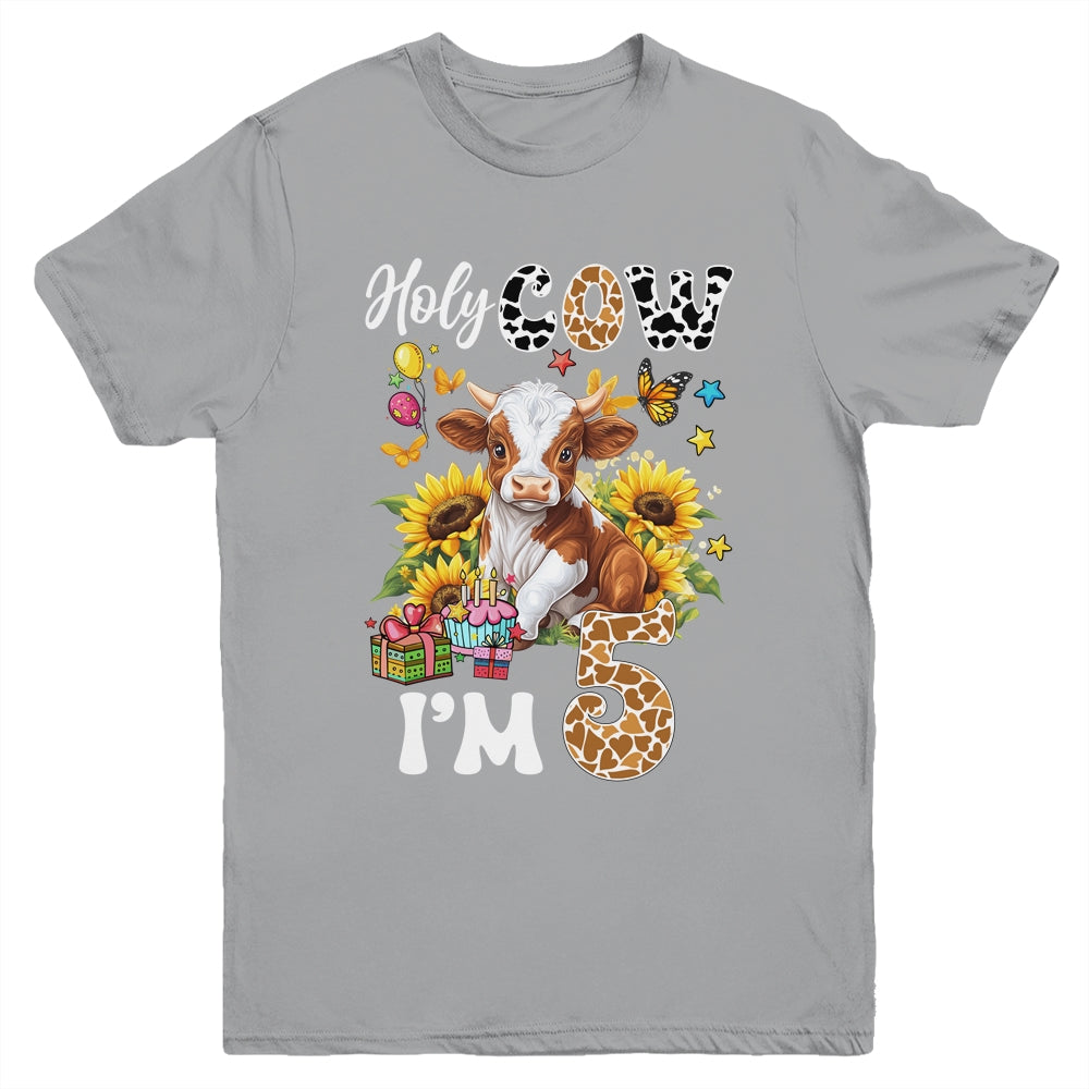 Holy Cow I'm 5 Years Old Farm Cow Sunflowers 5th Birthday Youth Shirt | siriusteestore