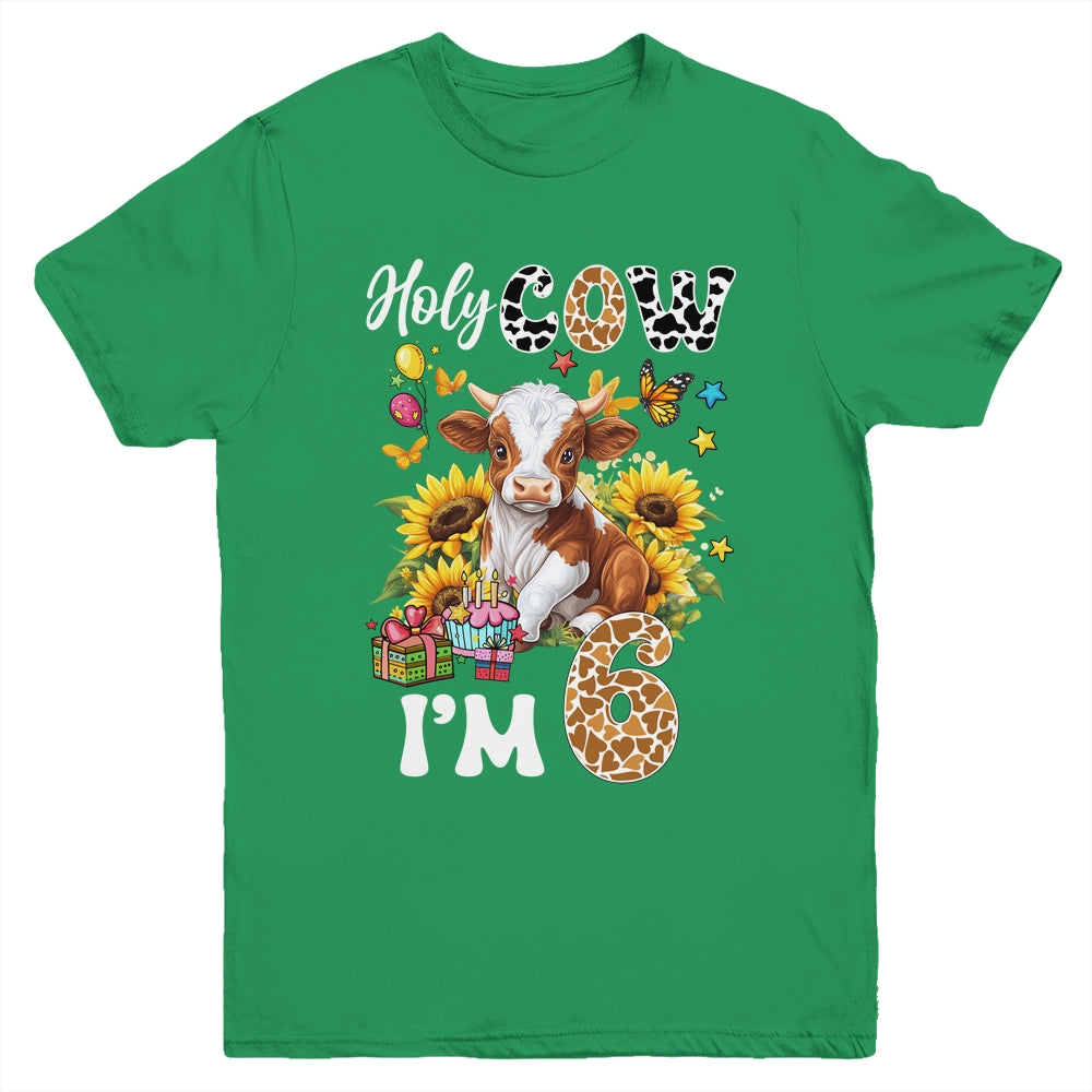 Holy Cow I'm 6 Years Old Farm Cow Sunflowers 6th Birthday Youth Shirt | siriusteestore