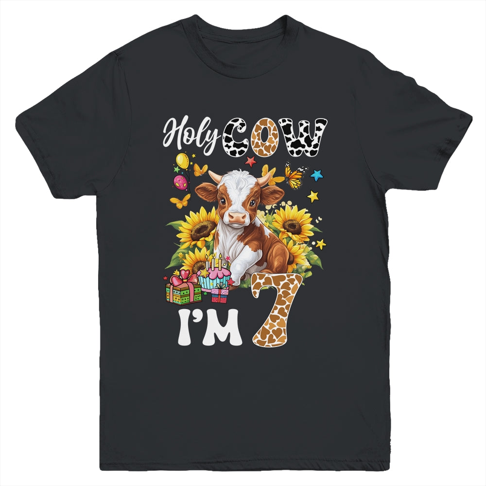 Holy Cow I'm 7 Years Old Farm Cow Sunflowers 7th Birthday Youth Shirt | siriusteestore