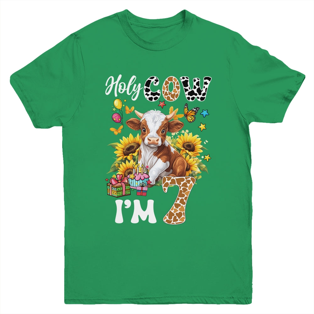 Holy Cow I'm 7 Years Old Farm Cow Sunflowers 7th Birthday Youth Shirt | siriusteestore
