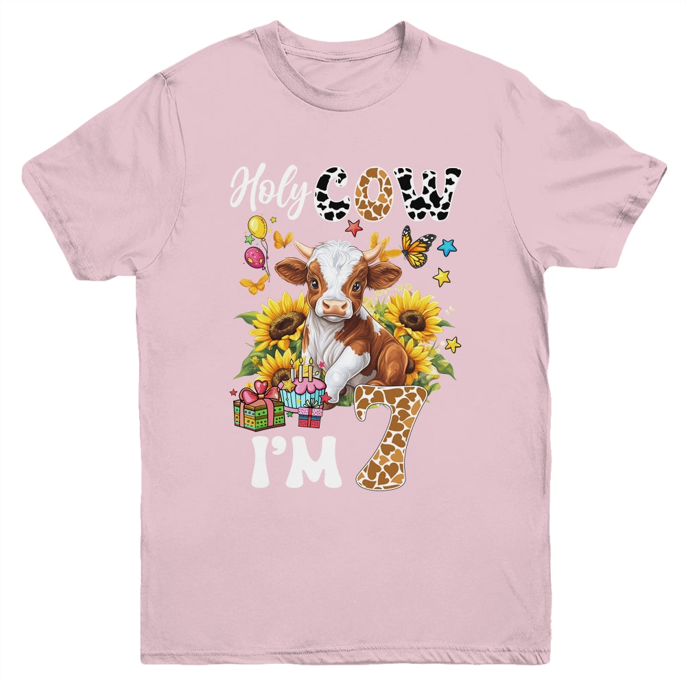 Holy Cow I'm 7 Years Old Farm Cow Sunflowers 7th Birthday Youth Shirt | siriusteestore
