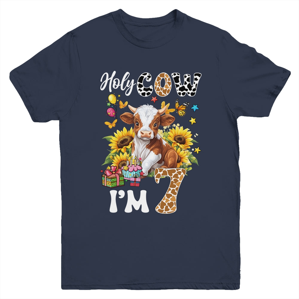 Holy Cow I'm 7 Years Old Farm Cow Sunflowers 7th Birthday Youth Shirt | siriusteestore