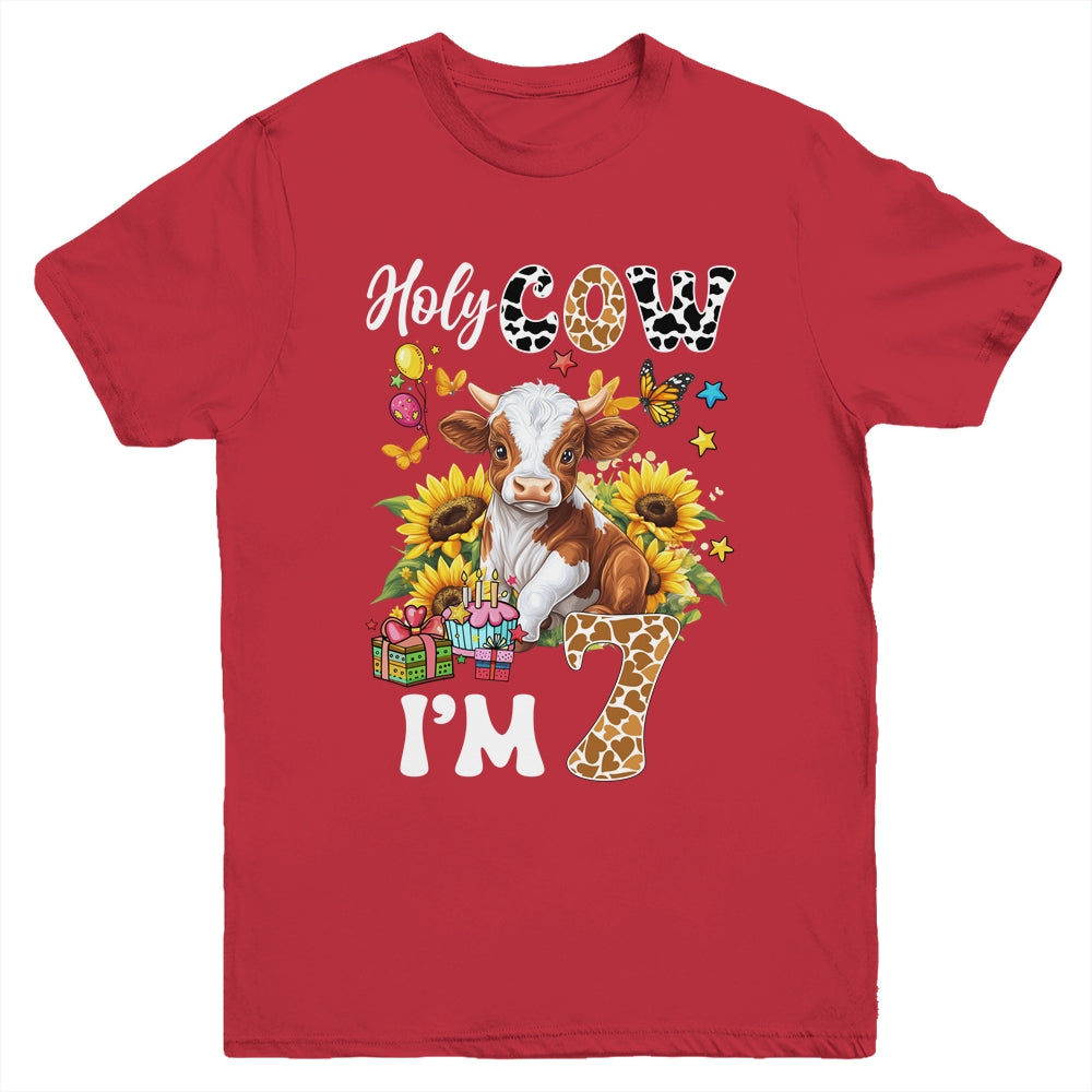 Holy Cow I'm 7 Years Old Farm Cow Sunflowers 7th Birthday Youth Shirt | siriusteestore