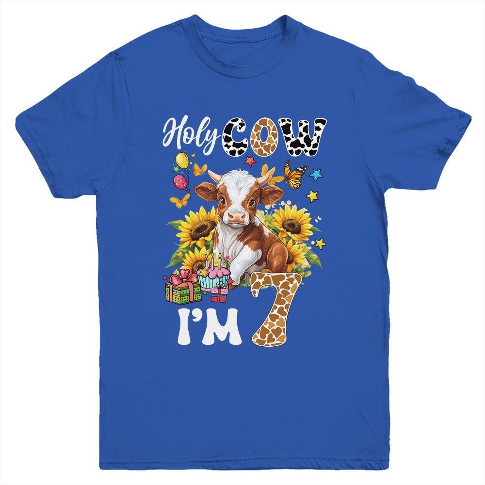 Holy Cow I'm 7 Years Old Farm Cow Sunflowers 7th Birthday Youth Shirt | siriusteestore