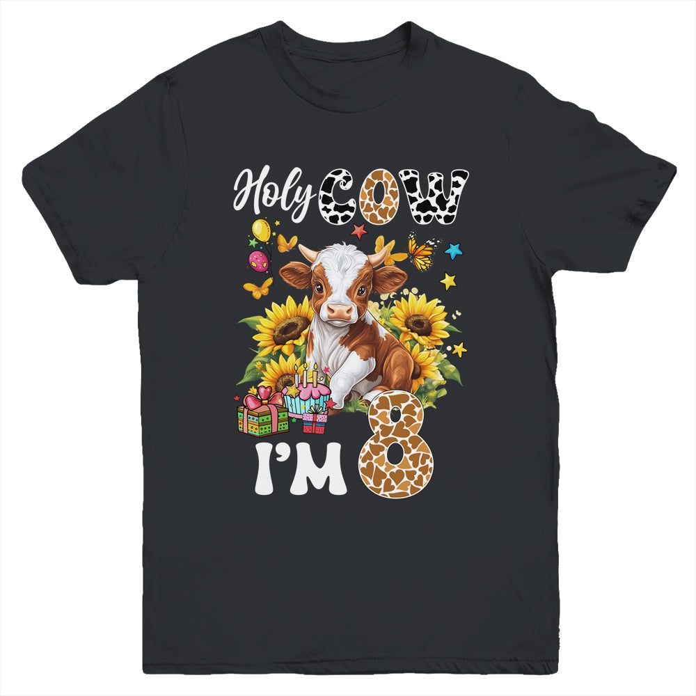 Holy Cow I'm 8 Years Old Farm Cow Sunflowers 8th Birthday Youth Shirt | siriusteestore
