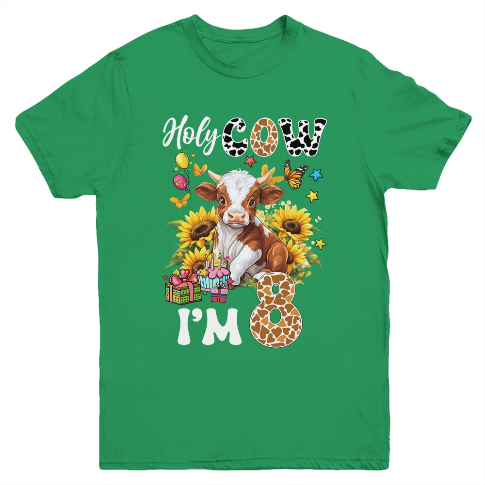 Holy Cow I'm 8 Years Old Farm Cow Sunflowers 8th Birthday Youth Shirt | siriusteestore