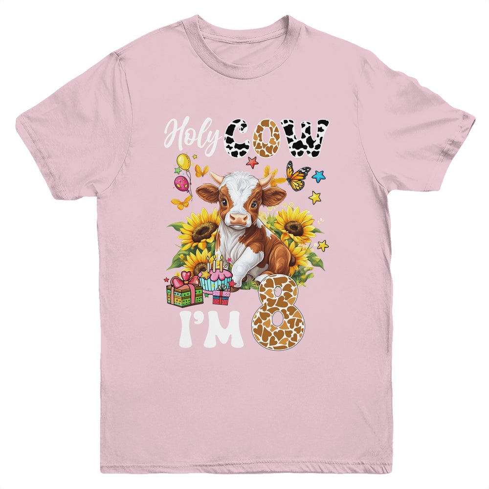 Holy Cow I'm 8 Years Old Farm Cow Sunflowers 8th Birthday Youth Shirt | siriusteestore