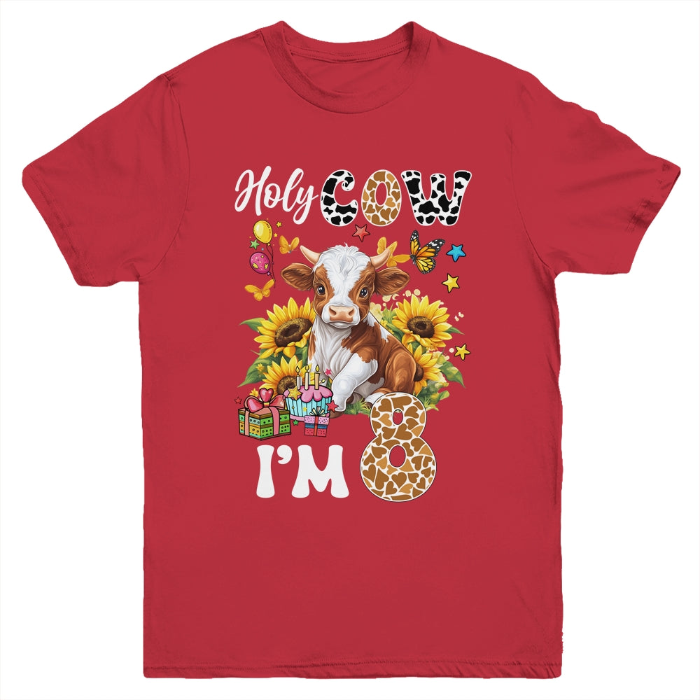 Holy Cow I'm 8 Years Old Farm Cow Sunflowers 8th Birthday Youth Shirt | siriusteestore