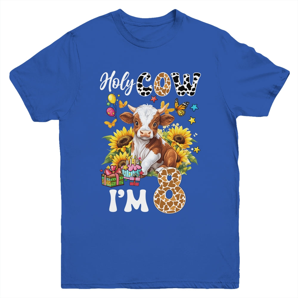 Holy Cow I'm 8 Years Old Farm Cow Sunflowers 8th Birthday Youth Shirt | siriusteestore