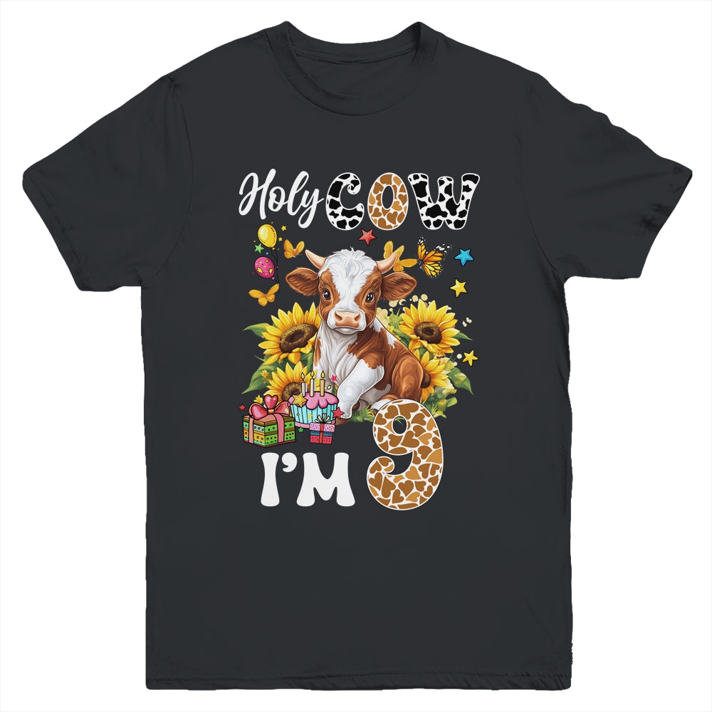 Holy Cow I'm 9 Years Old Farm Cow Sunflowers 9th Birthday Youth Shirt | siriusteestore