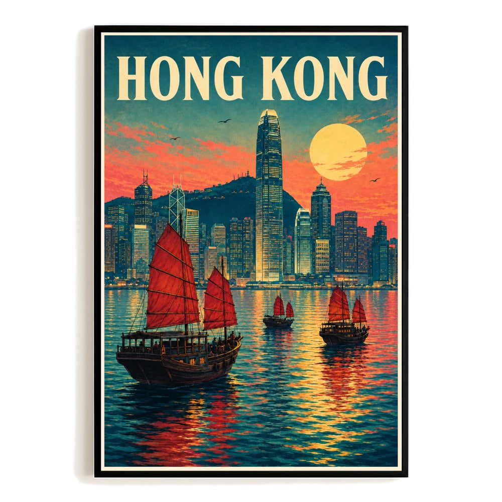 Hong Kong Victoria Harbour Junk Boat Skyline Vintage Travel Poster Wall Art Print Asian Waterfront Cityscape Souvenir Decor For Home Living Room Office Bedroom Unframed | siriusteestore