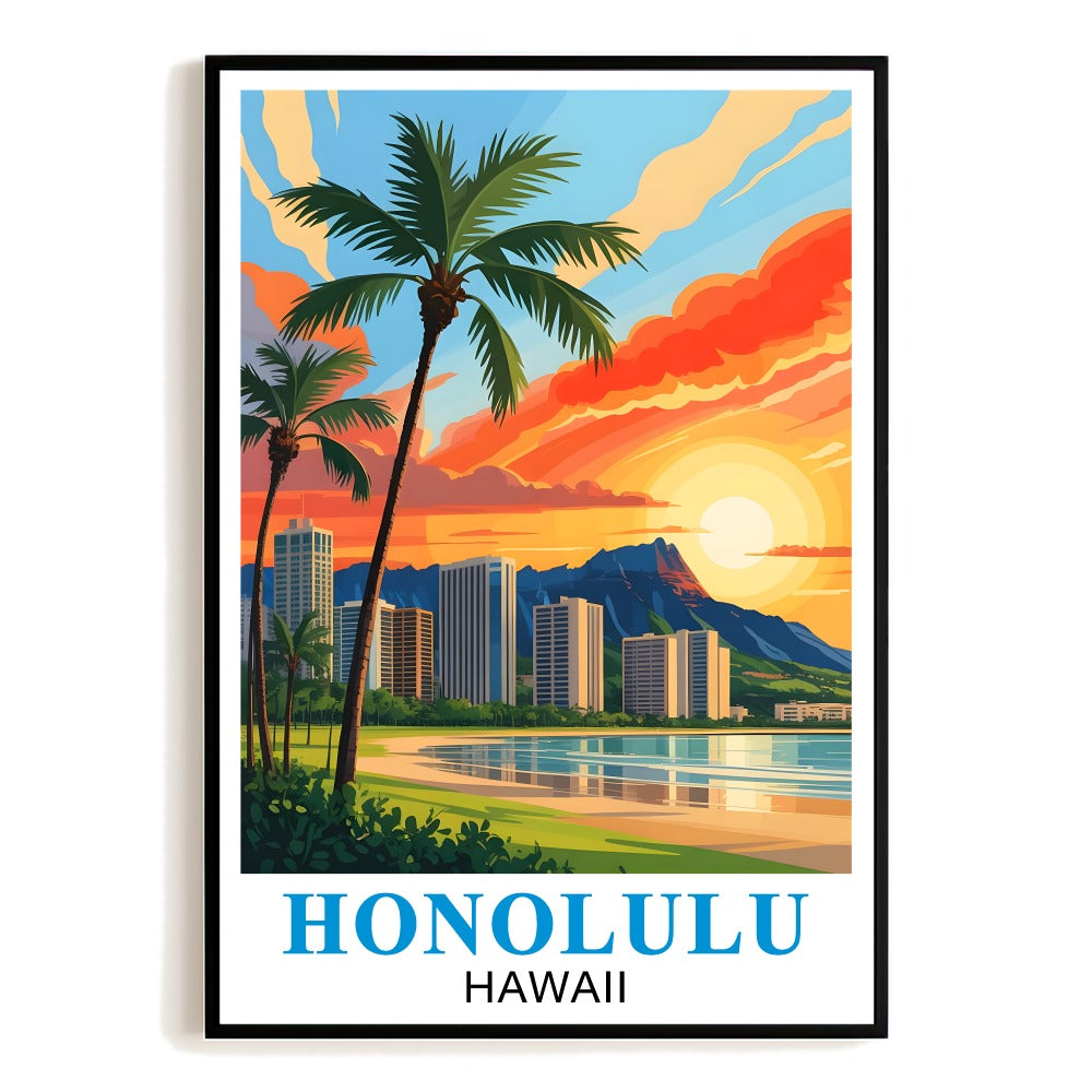 Honolulu Hawaii Vintage Travel Poster Souvenir Stunning Sunset Beach Cityscape Mountains Palms Wall Art Landscape Print Ideal For Home Office Living Room Decor Unframed | siriusteestore