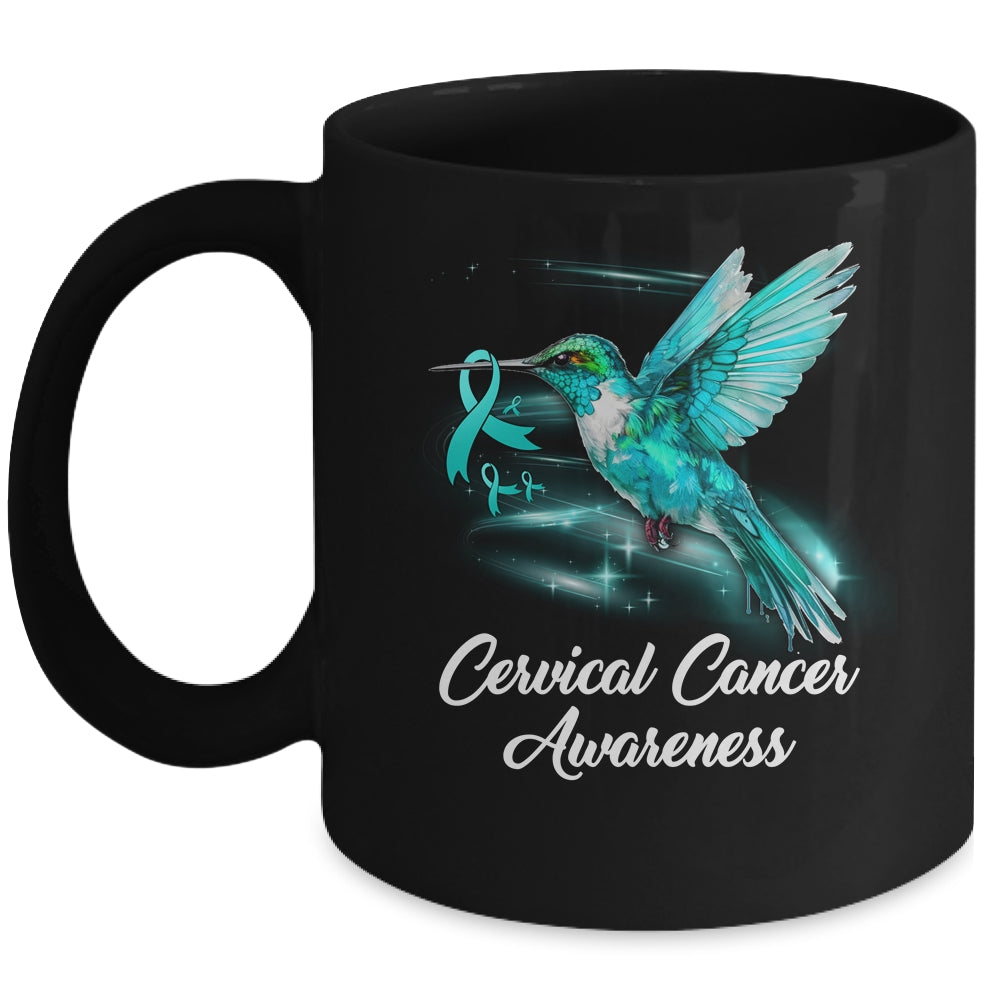 Hummingbird Holding Teal Ribbon Cervical Cancer Awareness Mug | siriusteestore