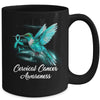 Hummingbird Holding Teal Ribbon Cervical Cancer Awareness Mug | siriusteestore