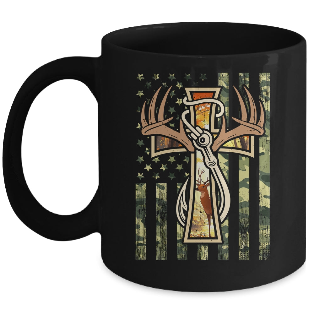 Hunting Fishing Faith Deer Cross Camouflage Flag Christian Mug | siriusteestore