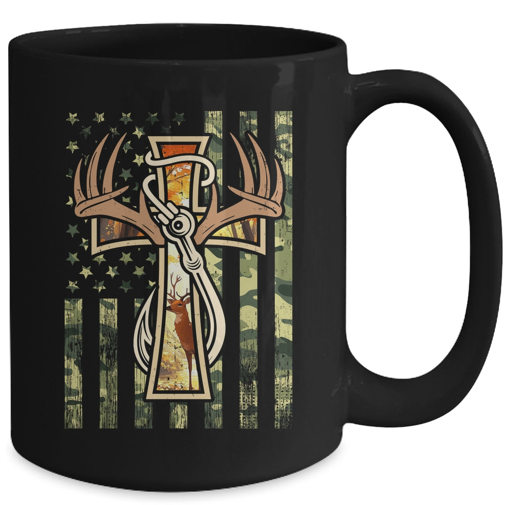 Hunting Fishing Faith Deer Cross Camouflage Flag Christian Mug | siriusteestore