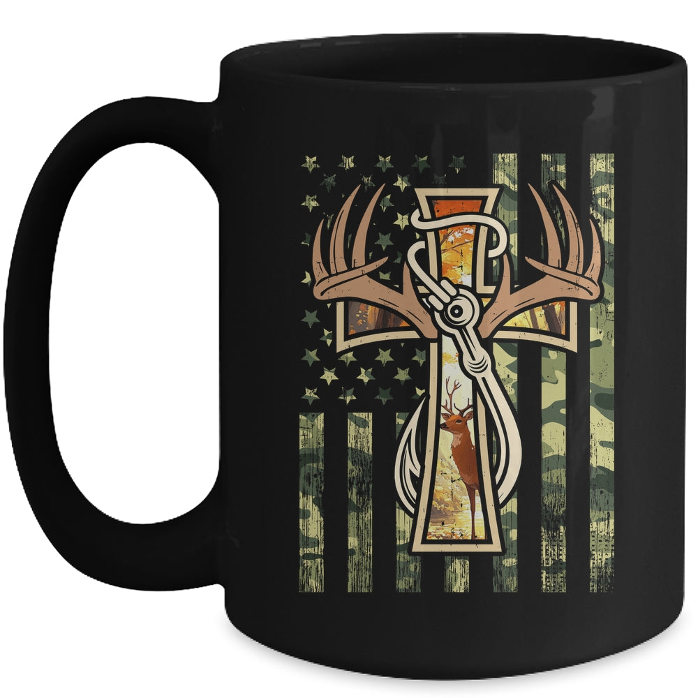 Hunting Fishing Faith Deer Cross Camouflage Flag Christian Mug | siriusteestore