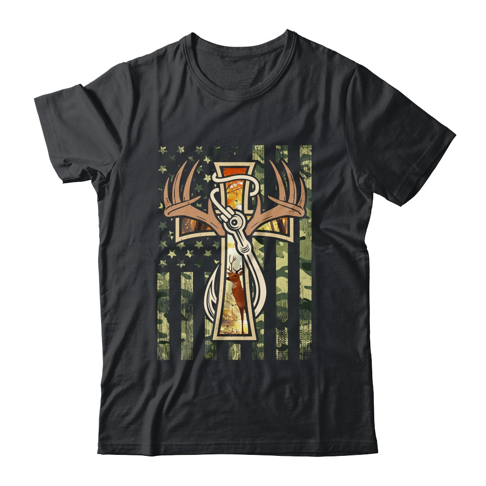 Hunting Fishing Faith Deer Cross Camouflage Flag Christian Shirt & Hoodie | siriusteestore