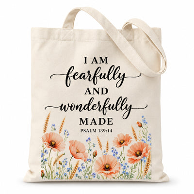 I Am Fearfully And Wonderfully Made Psalm 139 14 Floral Christian Tote Bag For Women Bible Verse Canvas Bag Faith Religious Gift Church Shopping Beach Everyday | siriusteestore