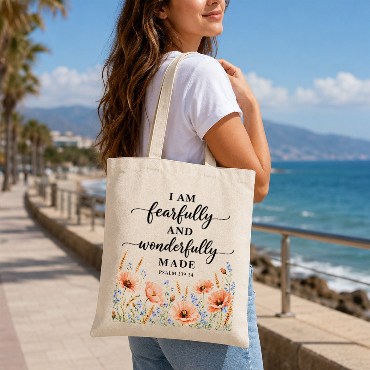 I Am Fearfully And Wonderfully Made Psalm 139 14 Floral Christian Tote Bag For Women Bible Verse Canvas Bag Faith Religious Gift Church Shopping Beach Everyday | siriusteestore