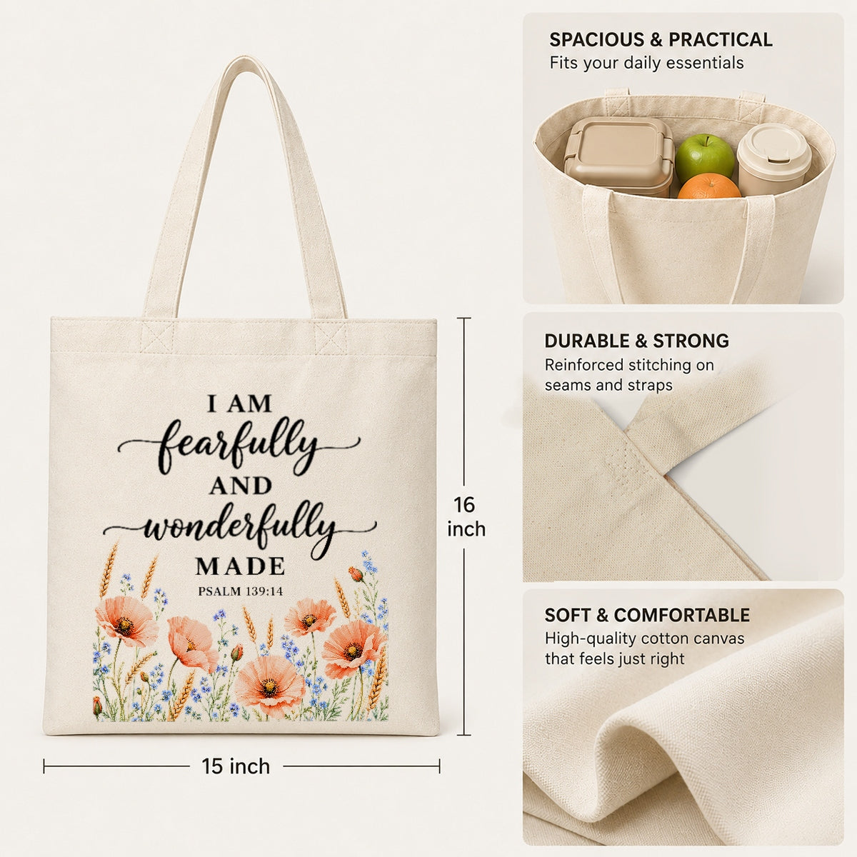 I Am Fearfully And Wonderfully Made Psalm 139 14 Floral Christian Tote Bag For Women Bible Verse Canvas Bag Faith Religious Gift Church Shopping Beach Everyday | siriusteestore