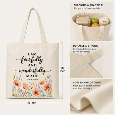 I Am Fearfully And Wonderfully Made Psalm 139 14 Floral Christian Tote Bag For Women Bible Verse Canvas Bag Faith Religious Gift Church Shopping Beach Everyday | siriusteestore
