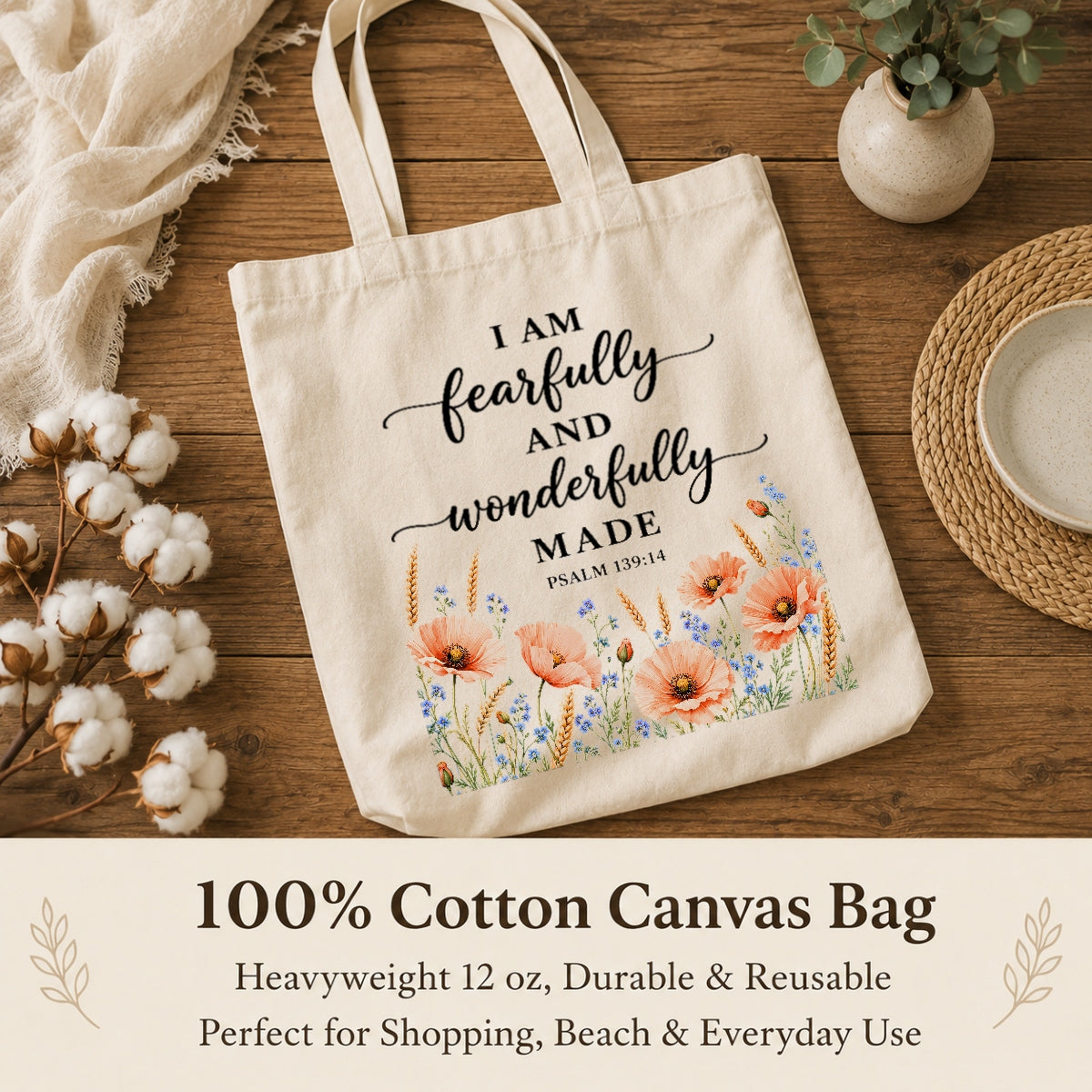 I Am Fearfully And Wonderfully Made Psalm 139 14 Floral Christian Tote Bag For Women Bible Verse Canvas Bag Faith Religious Gift Church Shopping Beach Everyday | siriusteestore