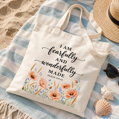 I Am Fearfully And Wonderfully Made Psalm 139 14 Floral Christian Tote Bag For Women Bible Verse Canvas Bag Faith Religious Gift Church Shopping Beach Everyday | siriusteestore