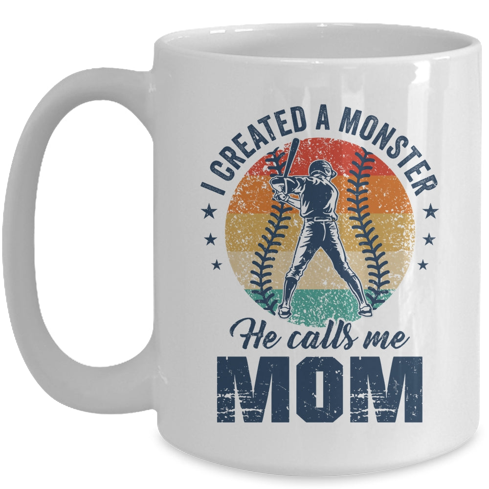 I Created A Monster He Call Me Mom Softball Baseball Retro Mug | siriusteestore