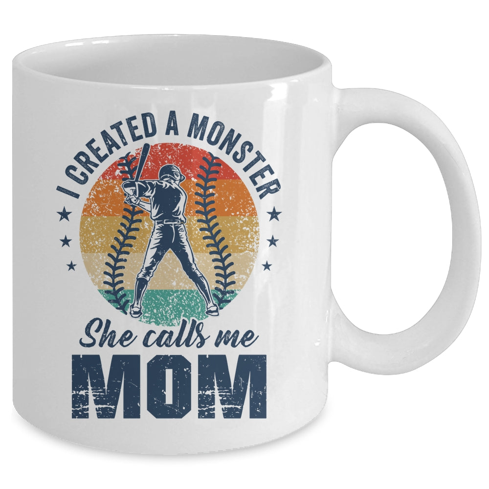 I Created A Monster She Call Me Mom Softball Baseball Retro Mug | siriusteestore