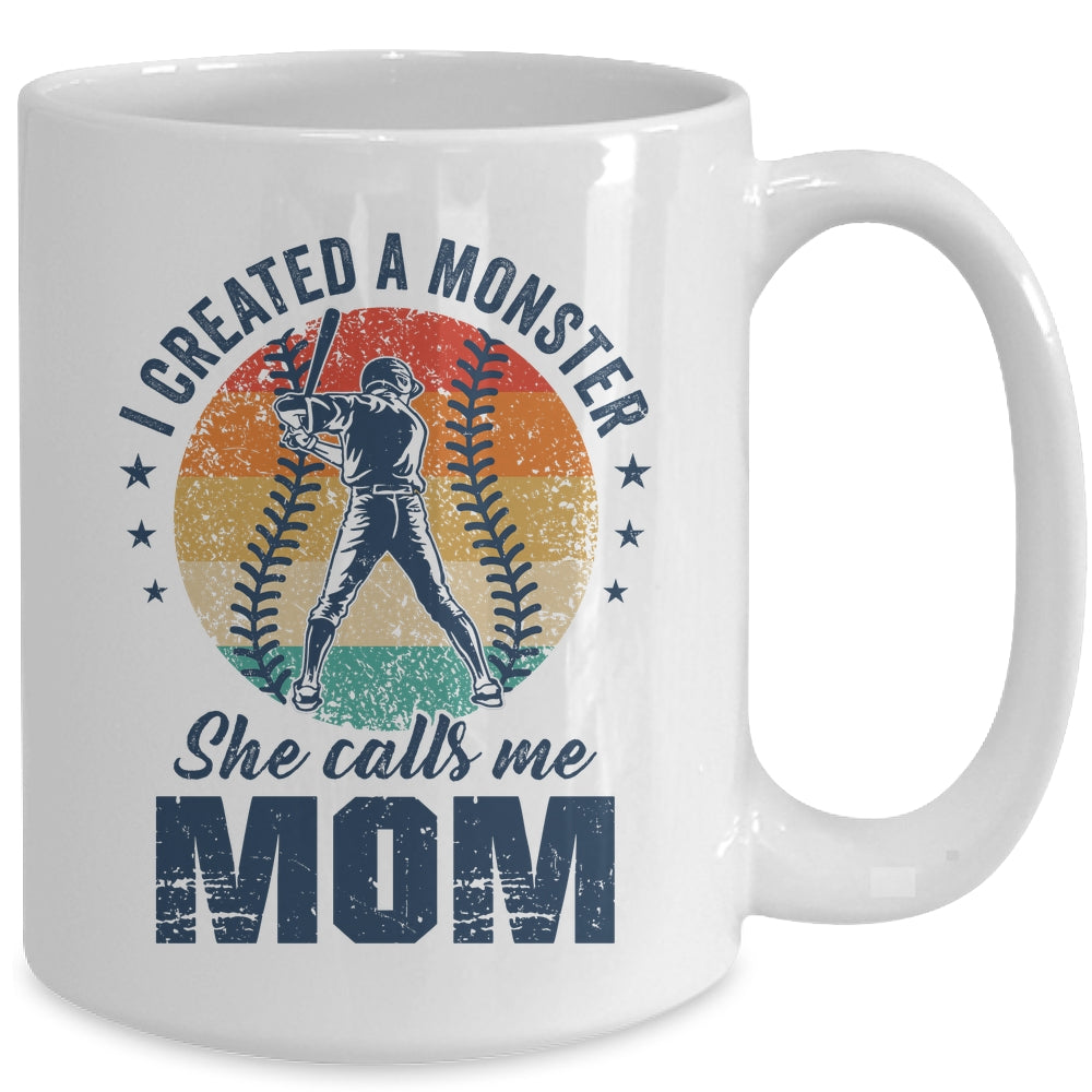 I Created A Monster She Call Me Mom Softball Baseball Retro Mug | siriusteestore