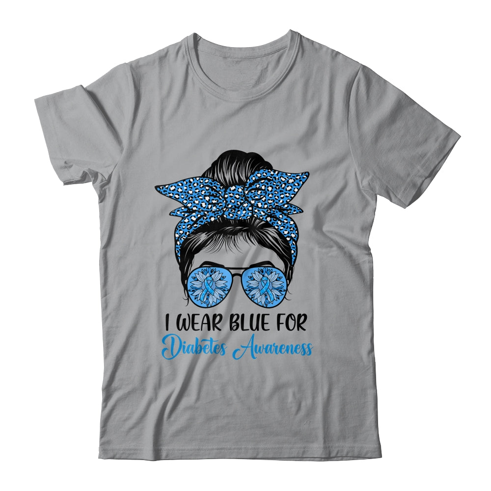 I Wear Blue For Diabetes Awareness Leopard Messy Bun Hair Shirt & Hoodie | siriusteestore