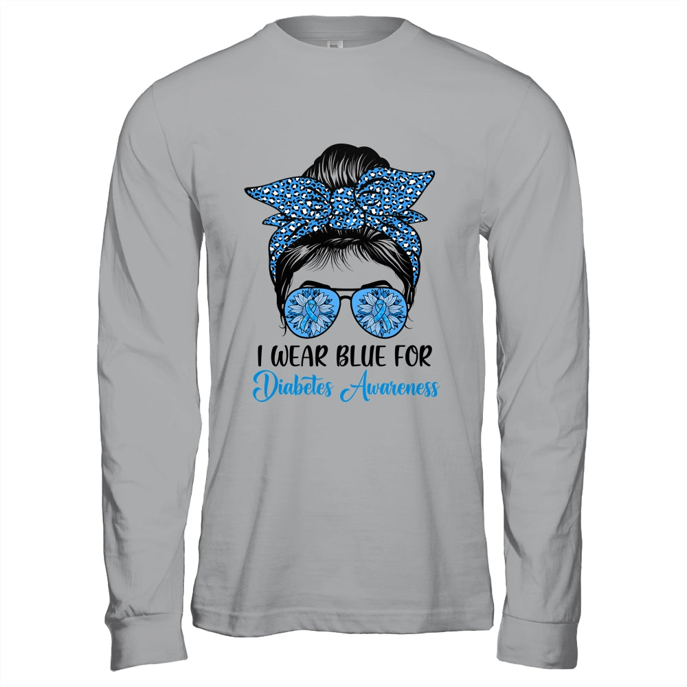 I Wear Blue For Diabetes Awareness Leopard Messy Bun Hair Shirt & Hoodie | siriusteestore