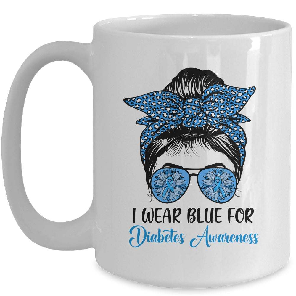 I Wear Blue For Diabetes Awareness Leopard Messy Bun Hair Mug | siriusteestore