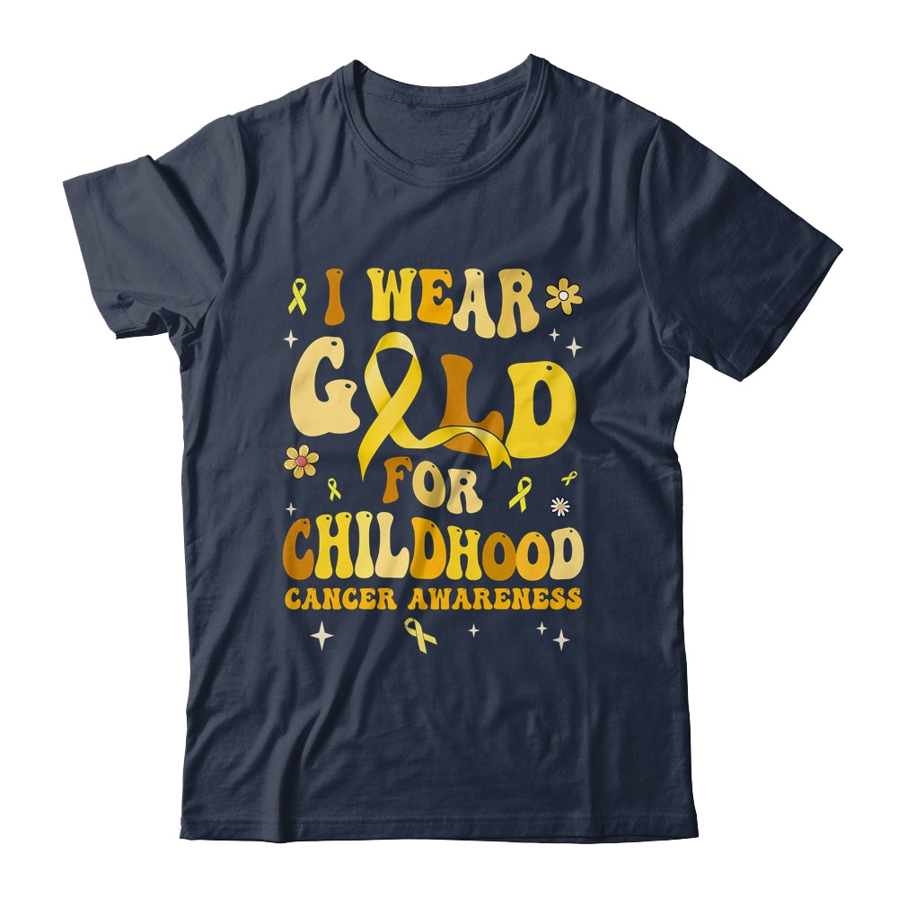 I Wear Gold Childhood Cancer Awareness Support Retro Groovy Shirt & Hoodie | siriusteestore