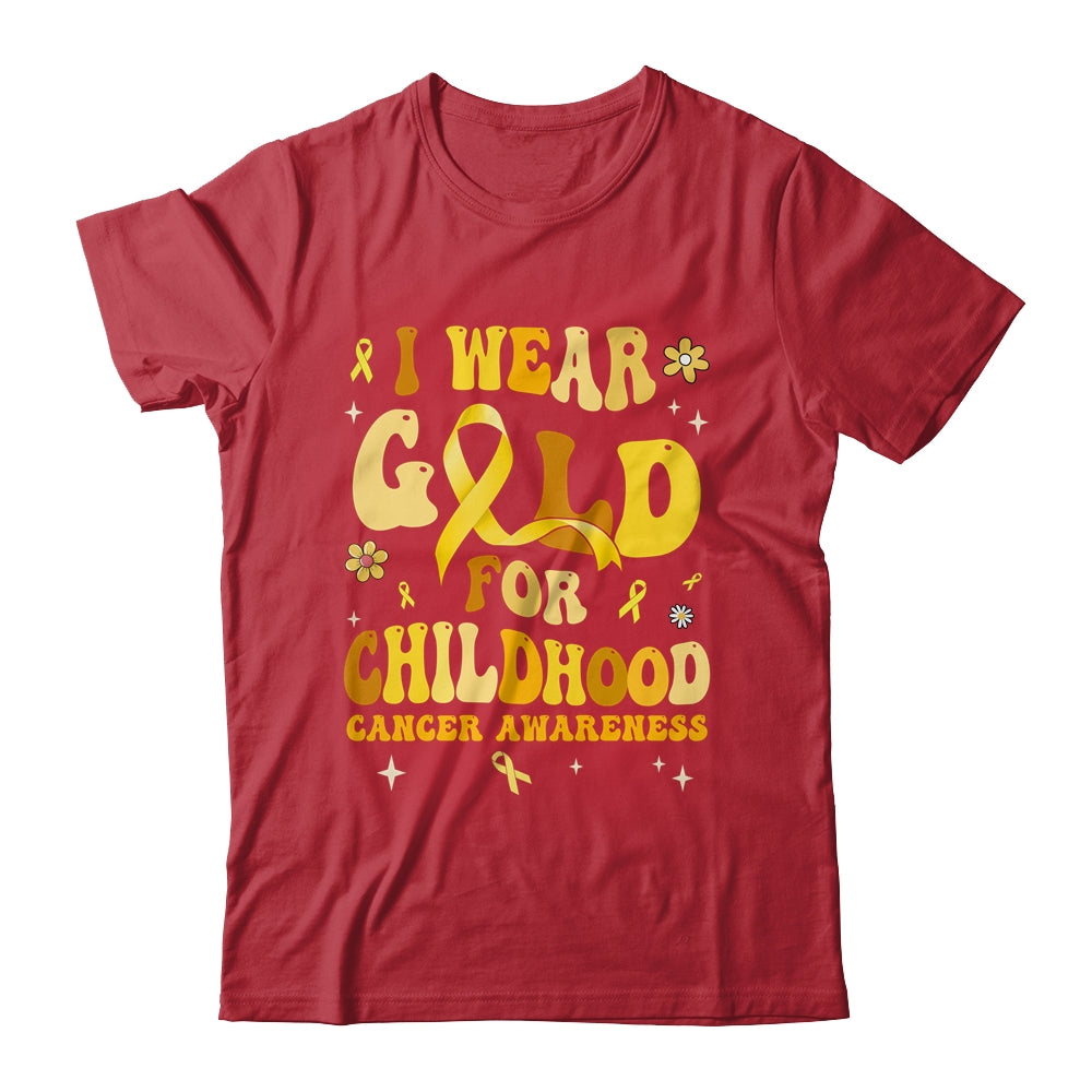 I Wear Gold Childhood Cancer Awareness Support Retro Groovy Shirt & Hoodie | siriusteestore