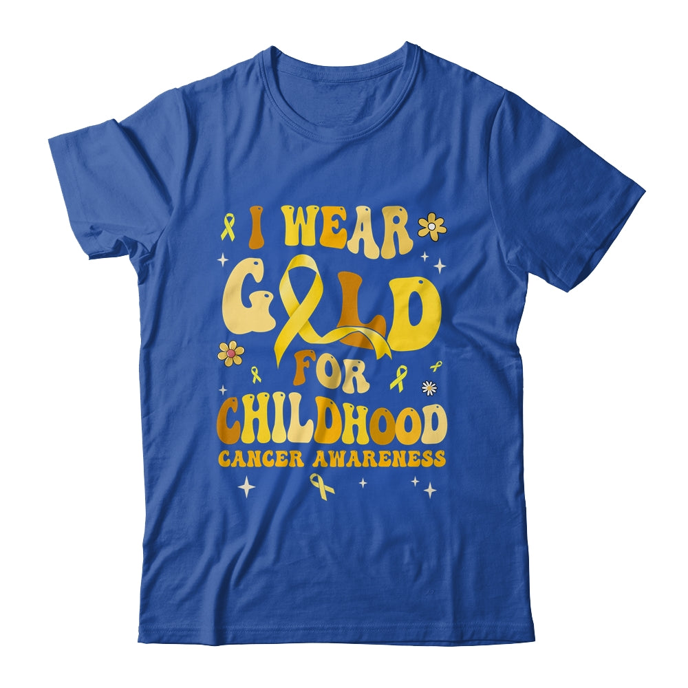 I Wear Gold Childhood Cancer Awareness Support Retro Groovy Shirt & Hoodie | siriusteestore