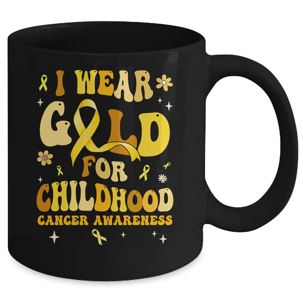 I Wear Gold Childhood Cancer Awareness Support Retro Groovy Mug | siriusteestore