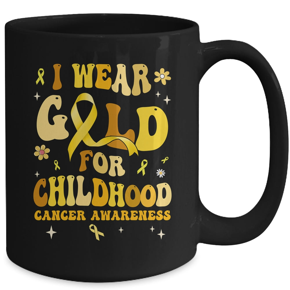 I Wear Gold Childhood Cancer Awareness Support Retro Groovy Mug | siriusteestore