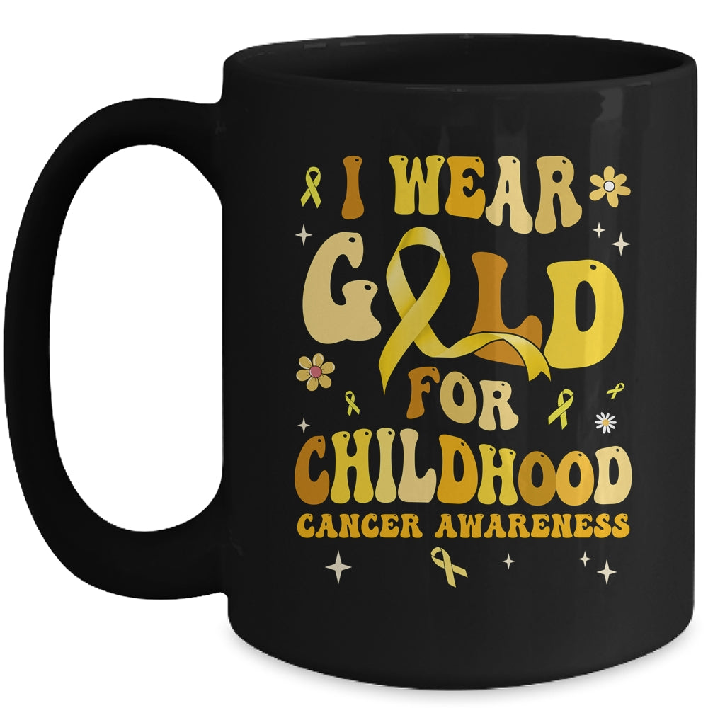 I Wear Gold Childhood Cancer Awareness Support Retro Groovy Mug | siriusteestore